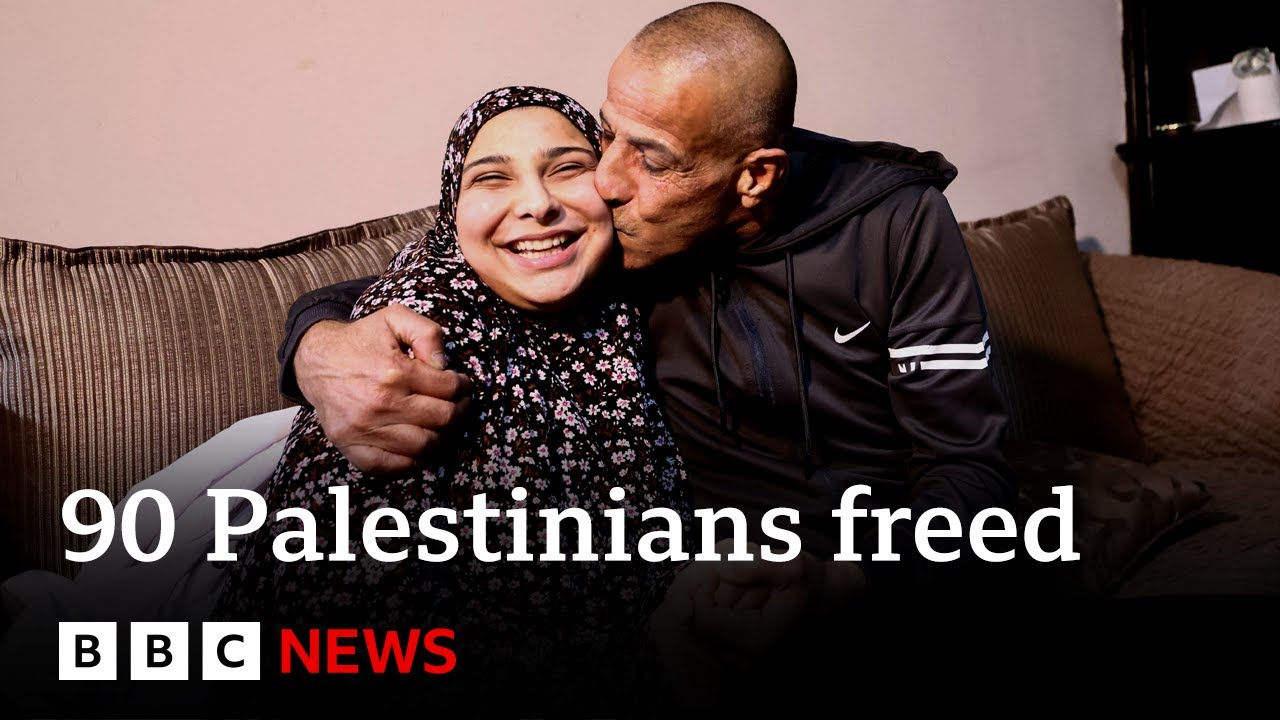 ENSPIRING.ai: Israel says 90 Palestinian prisoners freed as Gaza ceasefire enters second day - BBC News